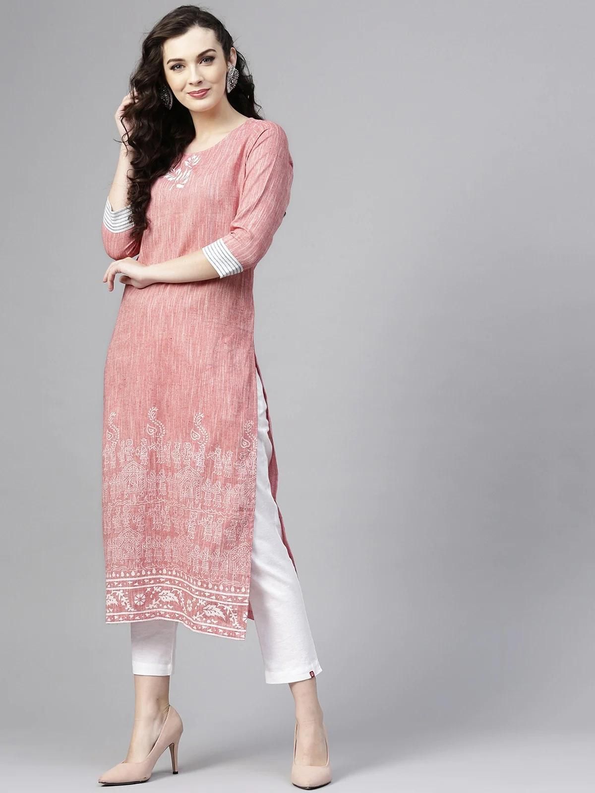 PANNKH Pink Madhubani Block Printed Chambray Kurta