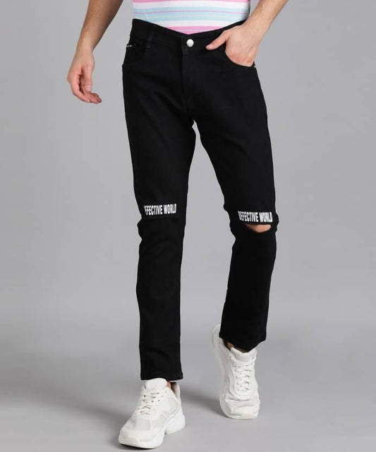 FUDE PRIDE Men's Slim Fit Mid Rise Printed Black Jeans