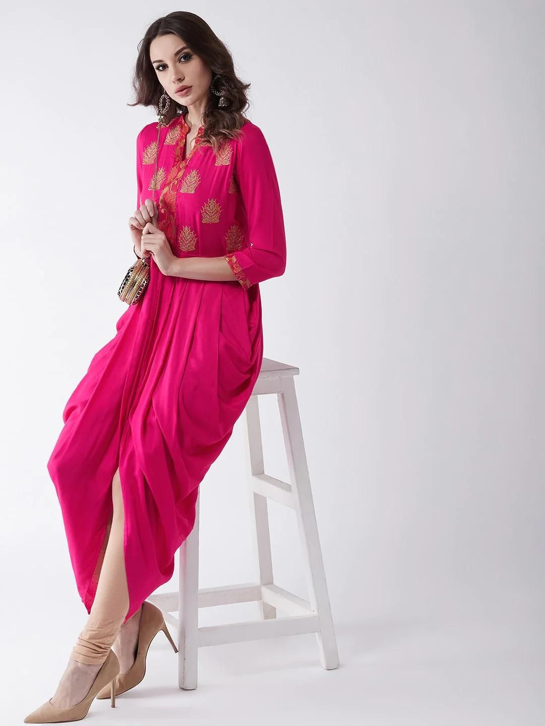 PANNKH Pink Embroidered Cowl Kurta