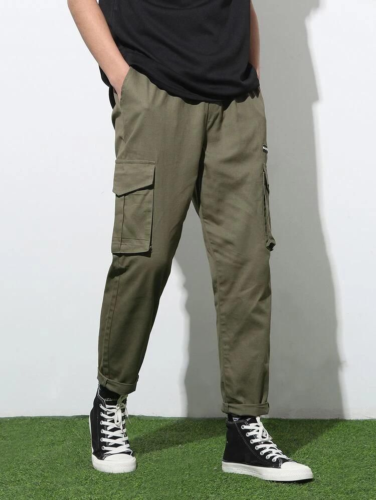 Sprouted Men's Cotton Solid Multipocket Olive Cargo Pant Slim Fit