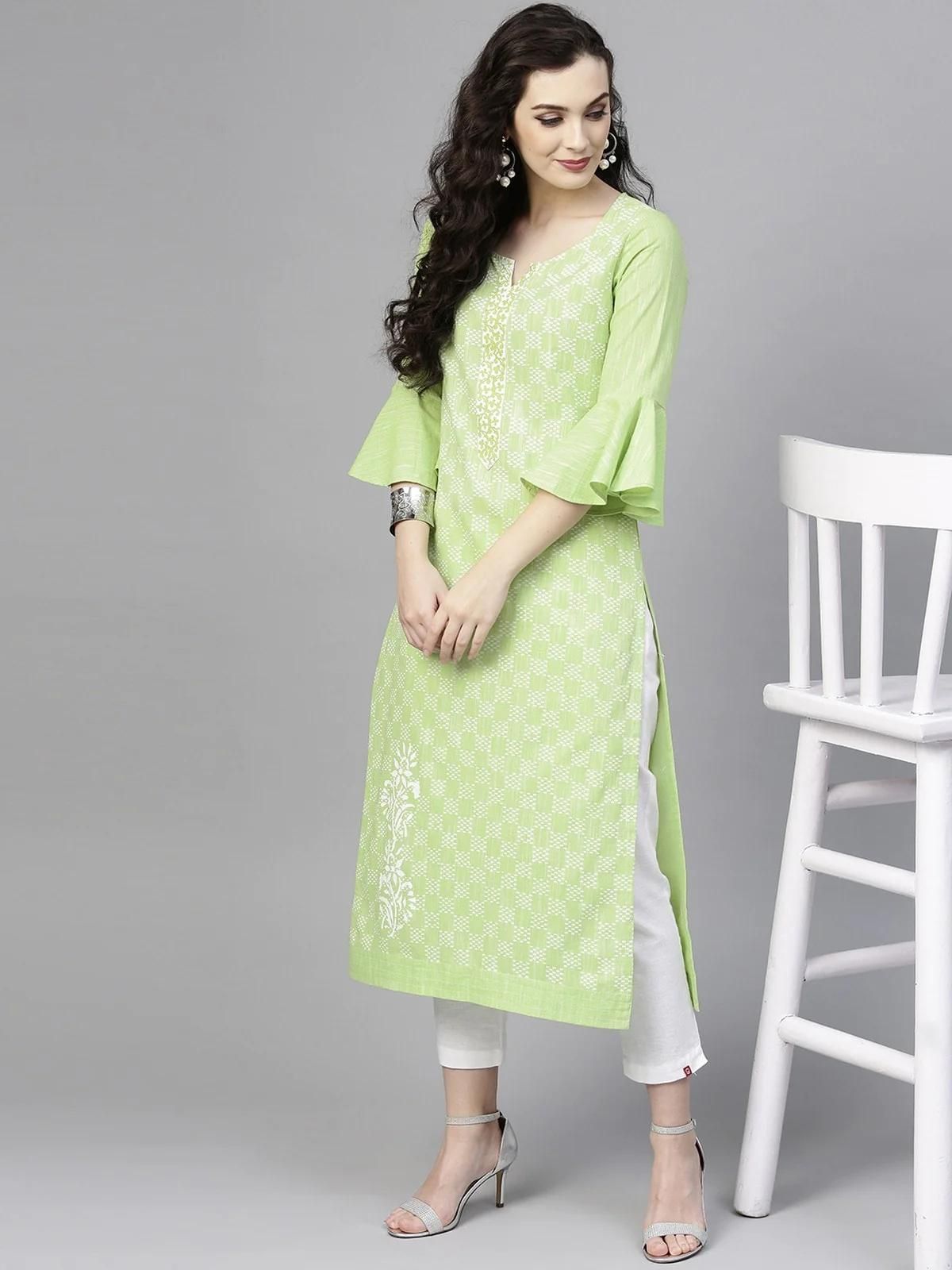 PANNKH Green Printed Chambray Kurta With Bell Sleeves