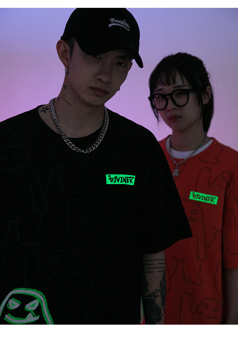 Bear Print Short-Sleeved Men And Women Couple Loose Graphic High Street Hip-Hop Glow-In-The-Dark Tees Shirts Fashion Top