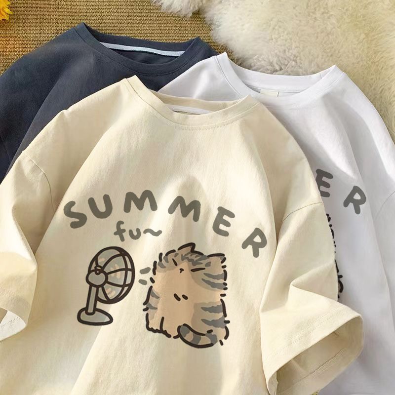 Pure Cotton Cartoon Kitten Print Short Sleeve T-Shirt Men And Women