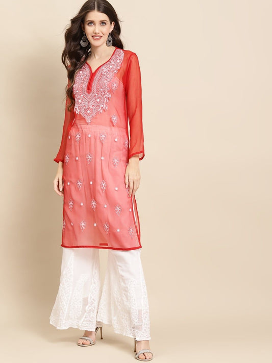 Women Lucknowi Chikankari  Straight Georgette Kurta